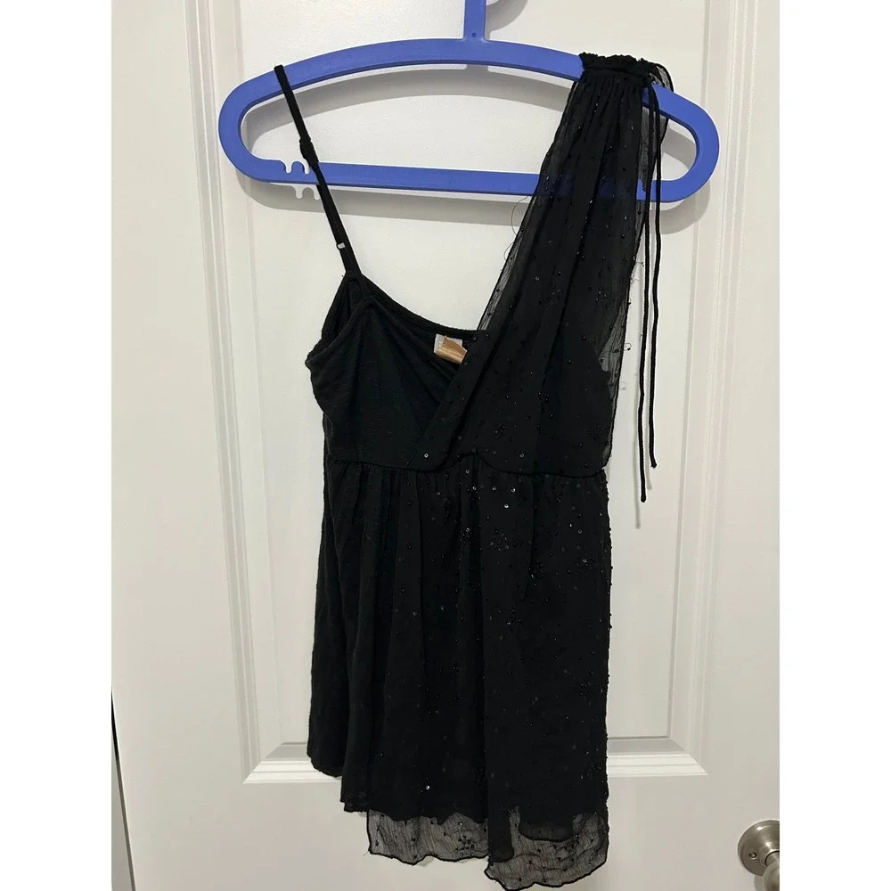 Free People‎ Black Sequin One Shoulder Babydoll Top S P